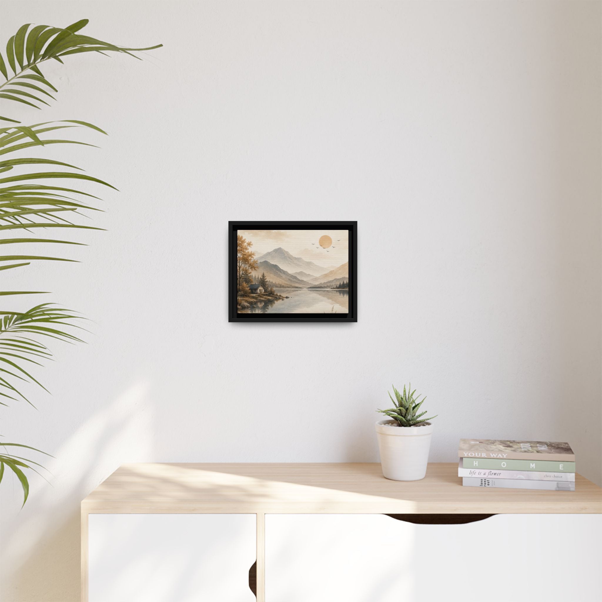 Serene Mountain Lake Cabin Landscape Matte Canvas, Framed | Neutral Wall Art | Rustic Nature Decor | Living Room Wall Decor | Office Artwork
