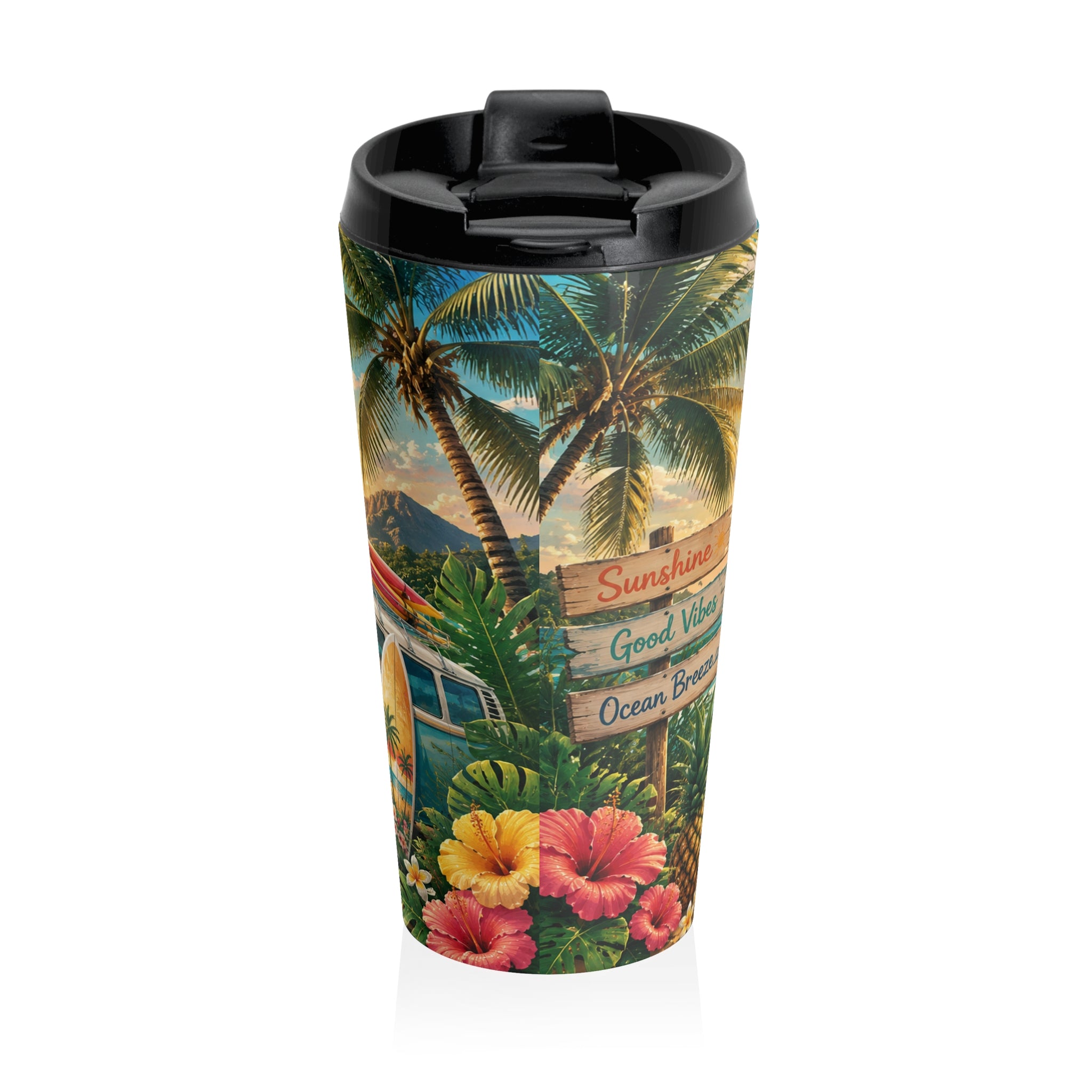Sunset Beach Camper Travel Mug — Tropical Surf & Hibiscus Stainless Steel Tumbler