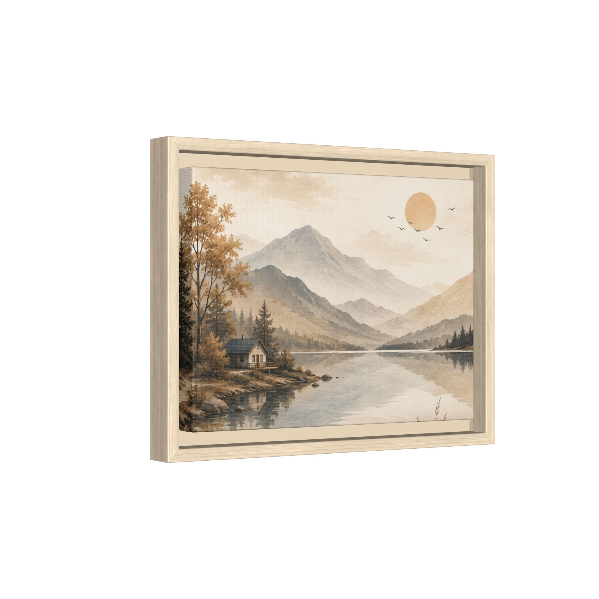 Serene Mountain Lake Cabin Landscape Matte Canvas, Framed | Neutral Wall Art | Rustic Nature Decor | Living Room Wall Decor | Office Artwork