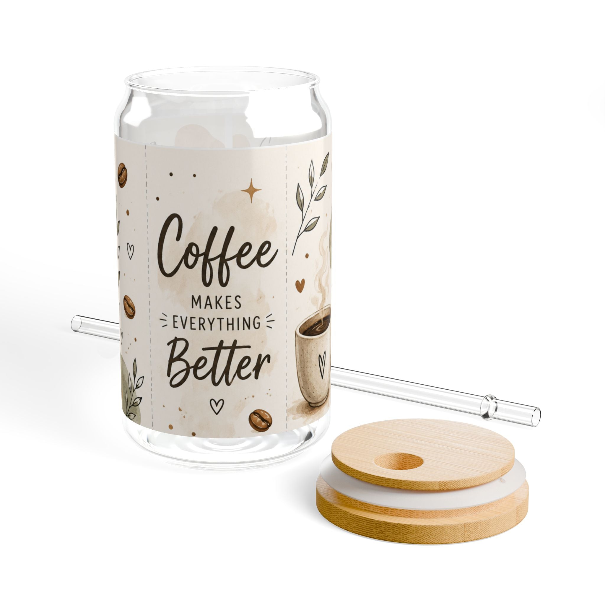 Coffee Makes Everything Better Glass Can, 16oz Iced Coffee Cup with Bamboo Lid & Straw, Boho Coffee Lover Gift