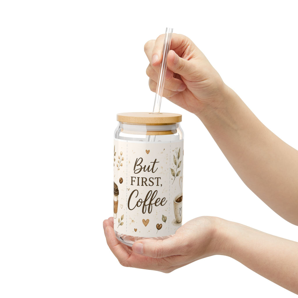 But First, Coffee Glass Cup with Bamboo Lid & Straw | 16oz Iced Coffee Cup | Cute Coffee Lover Gift | Aesthetic Coffee Tumbler