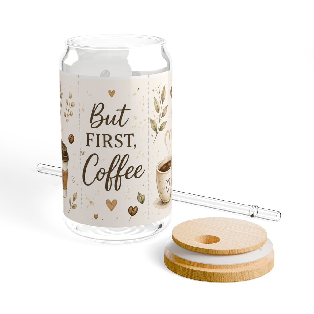But First, Coffee Glass Cup with Bamboo Lid & Straw | 16oz Iced Coffee Cup | Cute Coffee Lover Gift | Aesthetic Coffee Tumbler