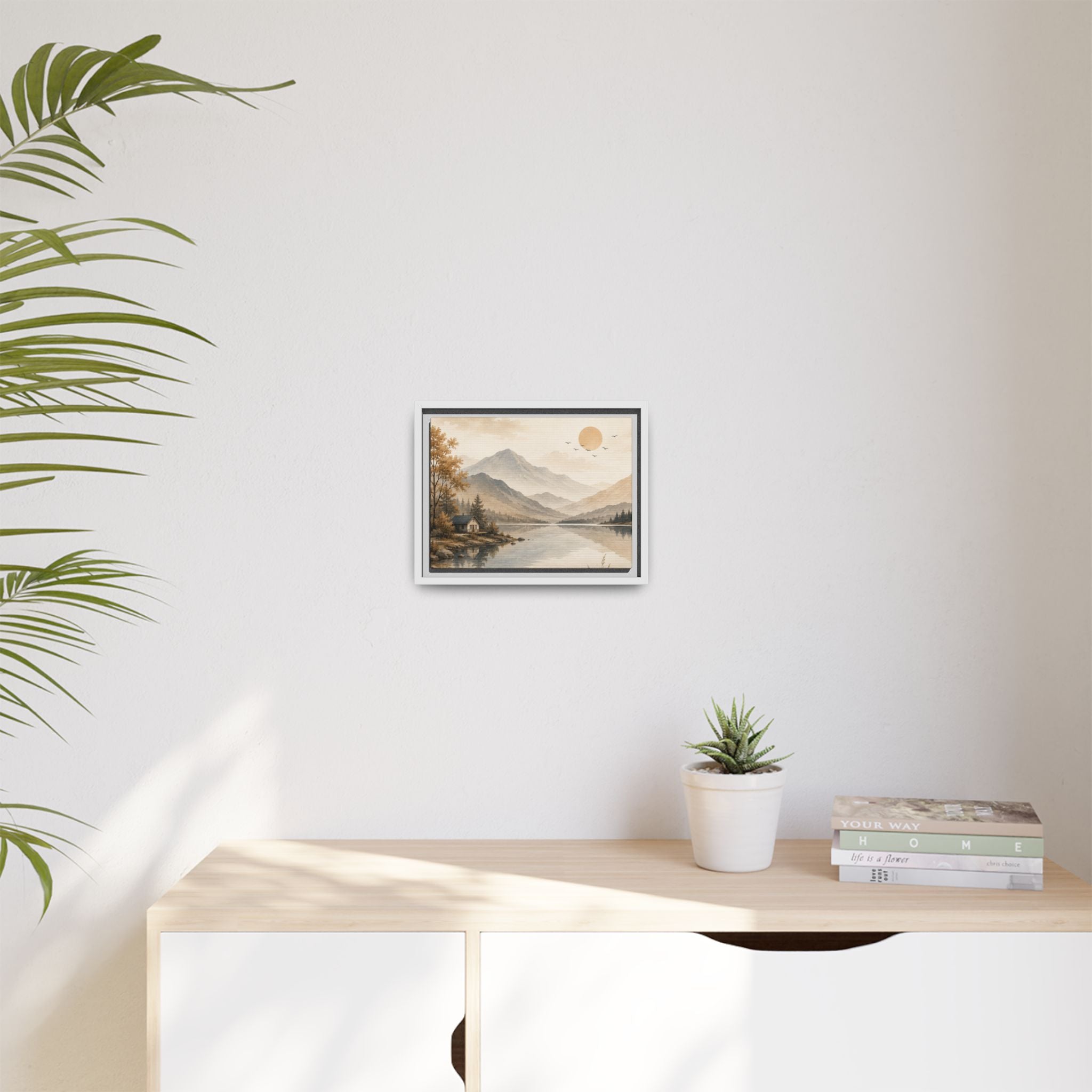 Serene Mountain Lake Cabin Landscape Matte Canvas, Framed | Neutral Wall Art | Rustic Nature Decor | Living Room Wall Decor | Office Artwork