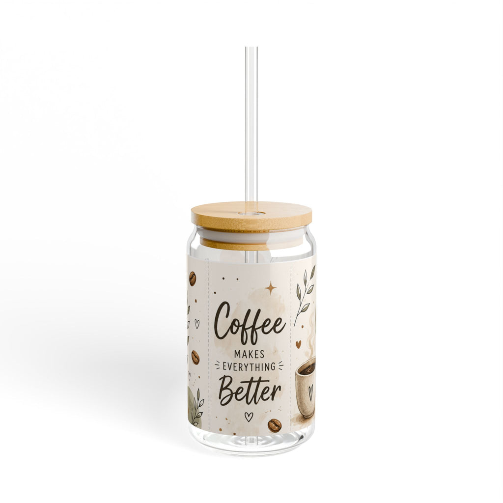 Coffee Makes Everything Better Glass Can, 16oz Iced Coffee Cup with Bamboo Lid & Straw, Boho Coffee Lover Gift