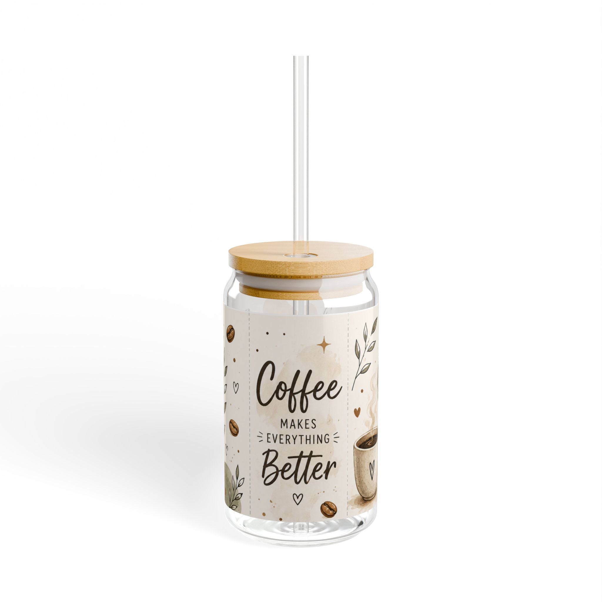 Coffee Makes Everything Better Glass Can, 16oz Iced Coffee Cup with Bamboo Lid & Straw, Boho Coffee Lover Gift