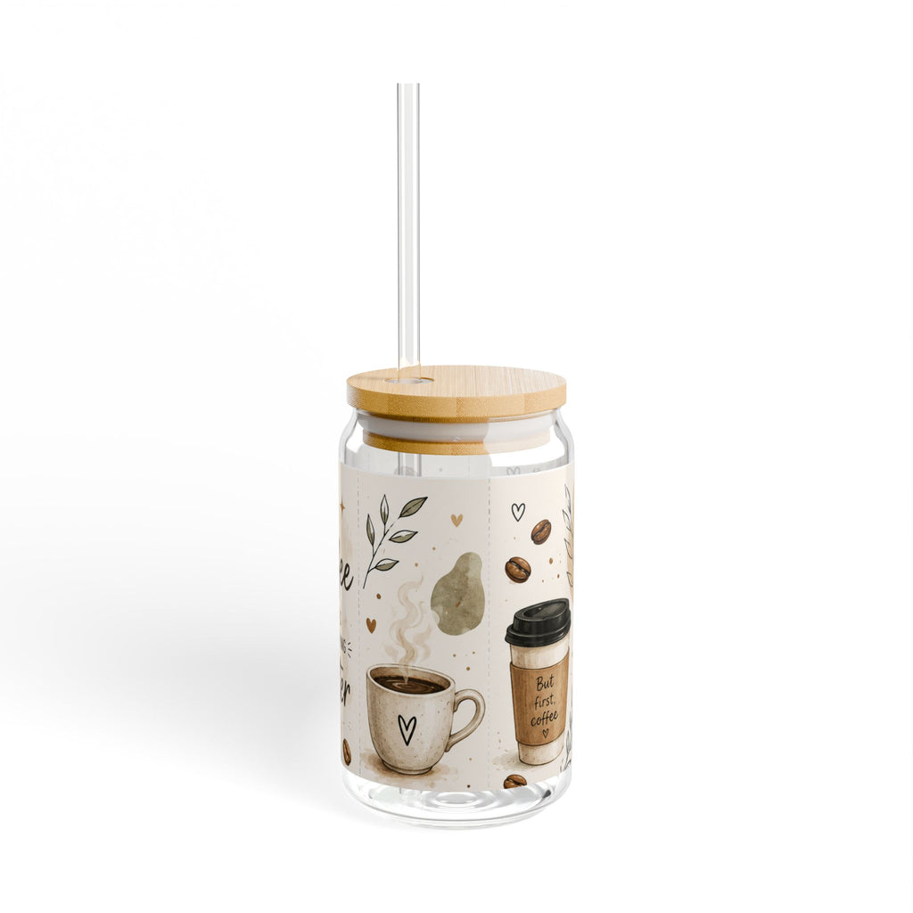 Coffee Makes Everything Better Glass Can, 16oz Iced Coffee Cup with Bamboo Lid & Straw, Boho Coffee Lover Gift