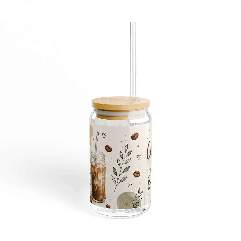 Coffee Makes Everything Better Glass Can, 16oz Iced Coffee Cup with Bamboo Lid & Straw, Boho Coffee Lover Gift