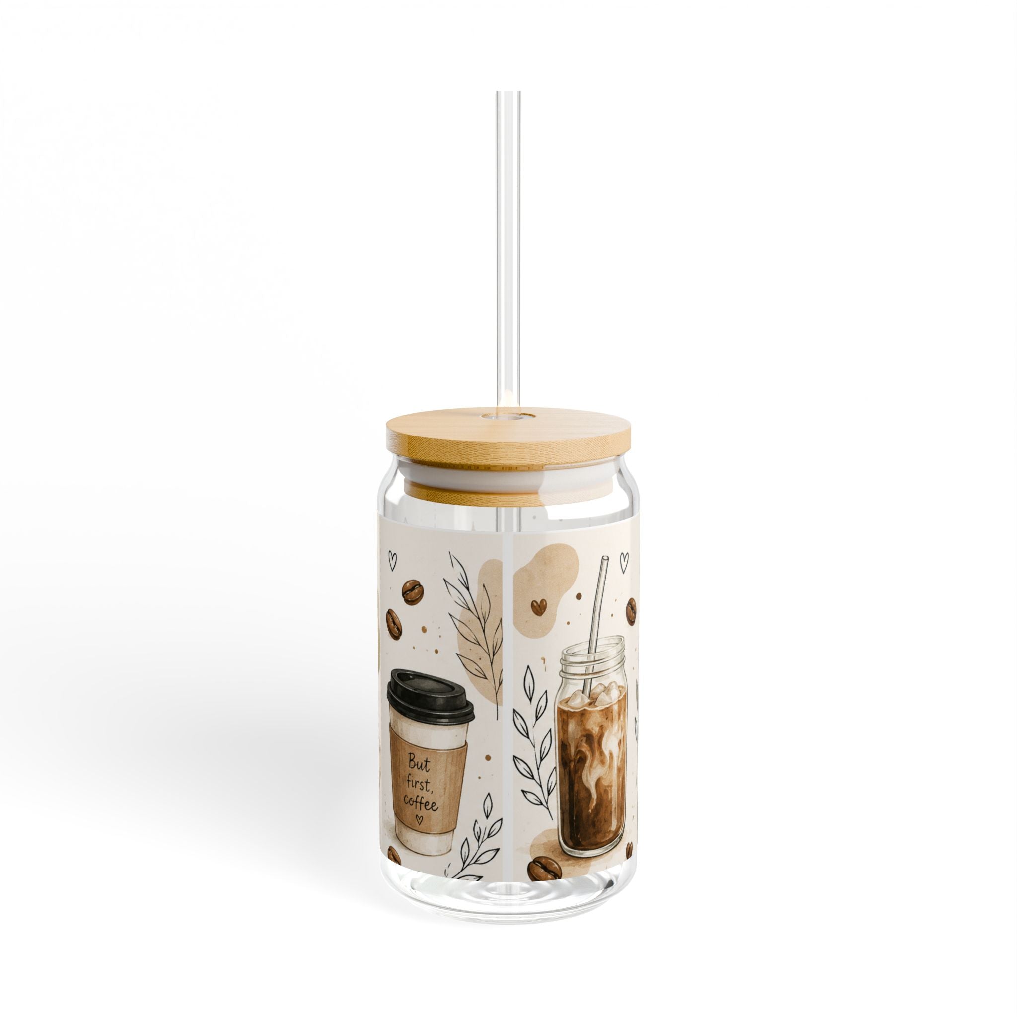 Coffee Makes Everything Better Glass Can, 16oz Iced Coffee Cup with Bamboo Lid & Straw, Boho Coffee Lover Gift