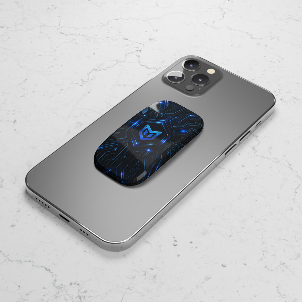 Tech Circuit Phone Grip — Blue Cyber Shield Click-On Stand