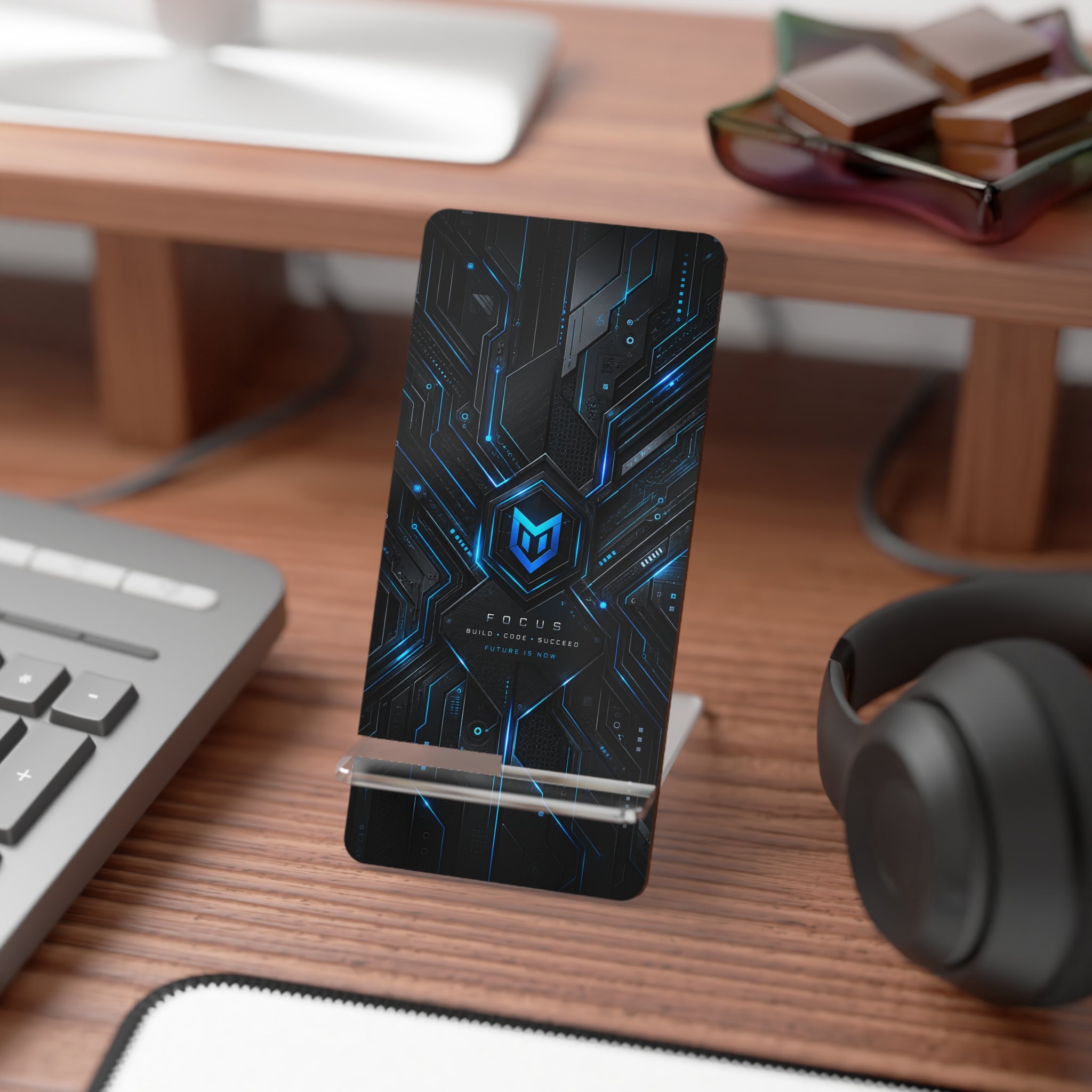 Tech Circuit Smartphone Stand — Foldable Mobile Display Dock with Futuristic Blue Cyber Design