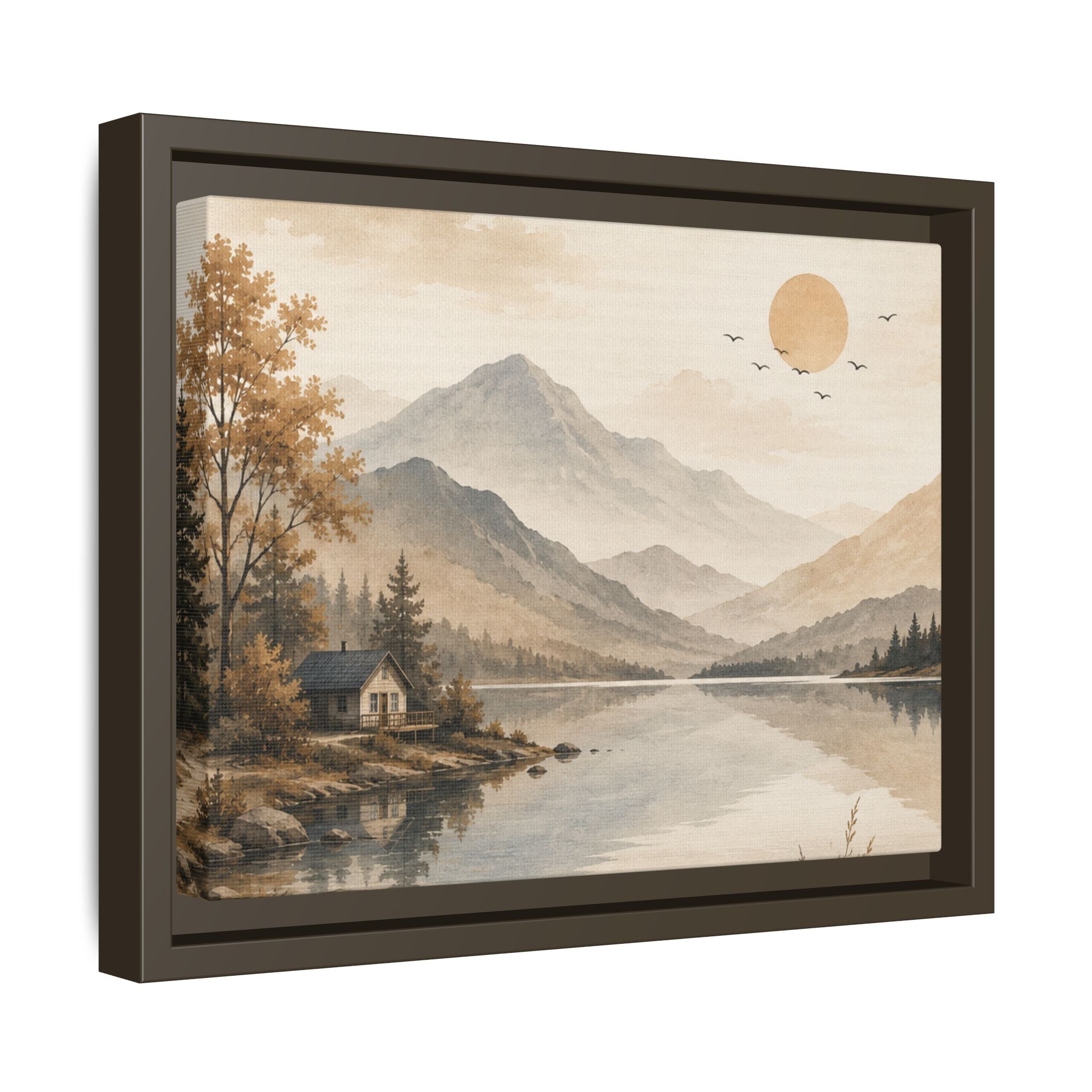 Serene Mountain Lake Cabin Landscape Matte Canvas, Framed | Neutral Wall Art | Rustic Nature Decor | Living Room Wall Decor | Office Artwork