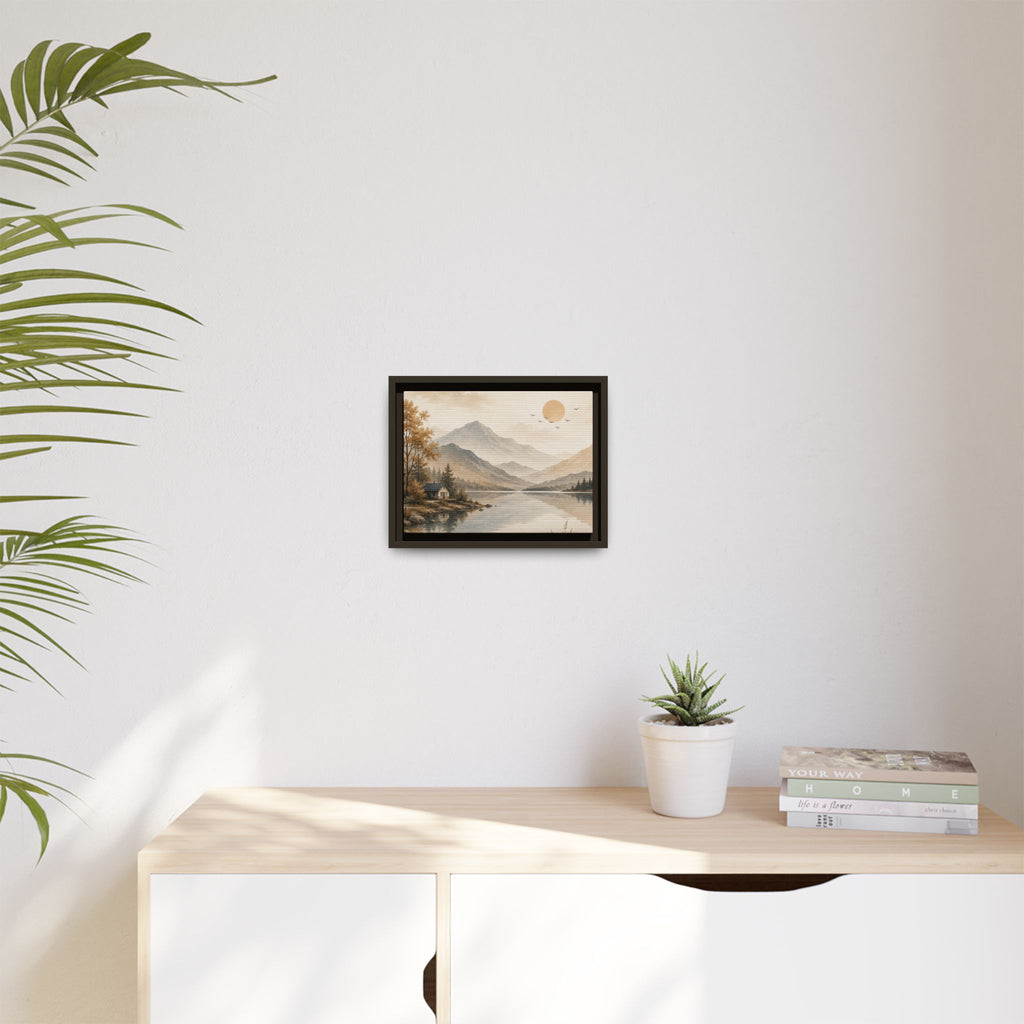 Serene Mountain Lake Cabin Landscape Matte Canvas, Framed | Neutral Wall Art | Rustic Nature Decor | Living Room Wall Decor | Office Artwork