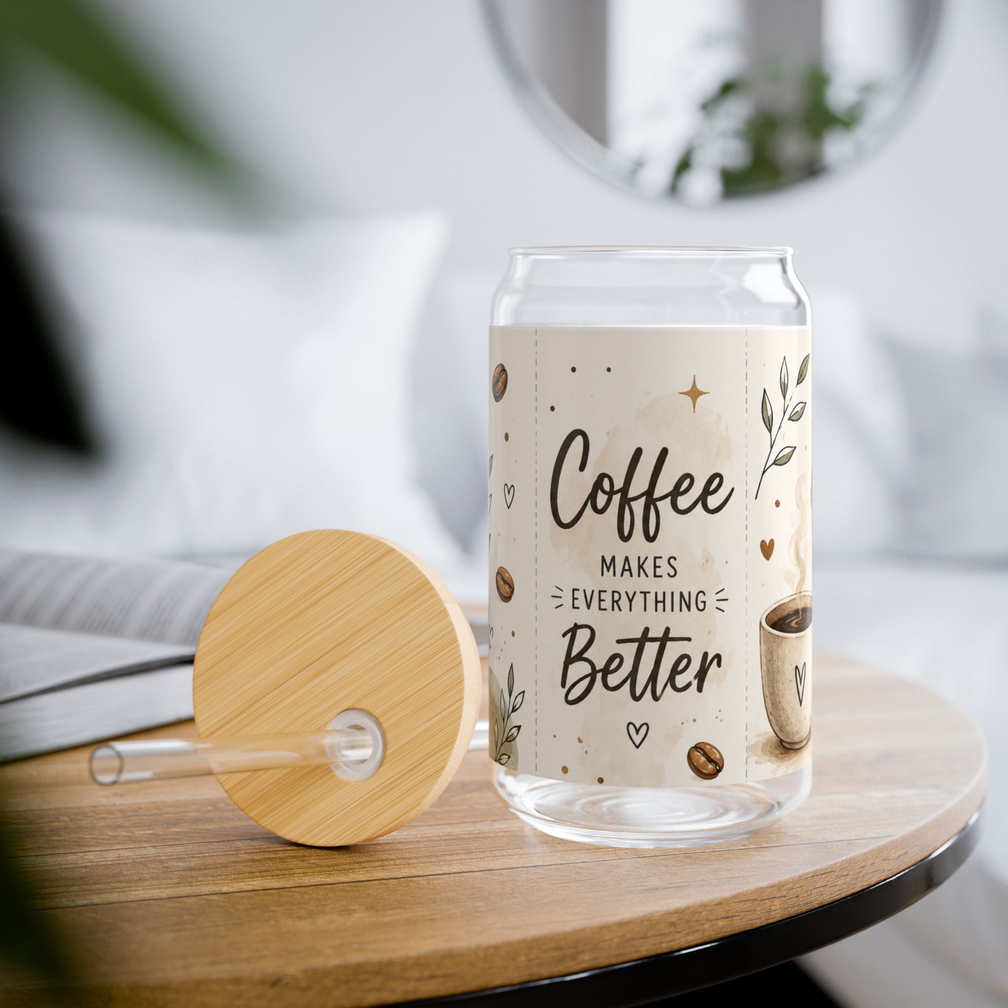 Coffee Makes Everything Better Glass Can, 16oz Iced Coffee Cup with Bamboo Lid & Straw, Boho Coffee Lover Gift