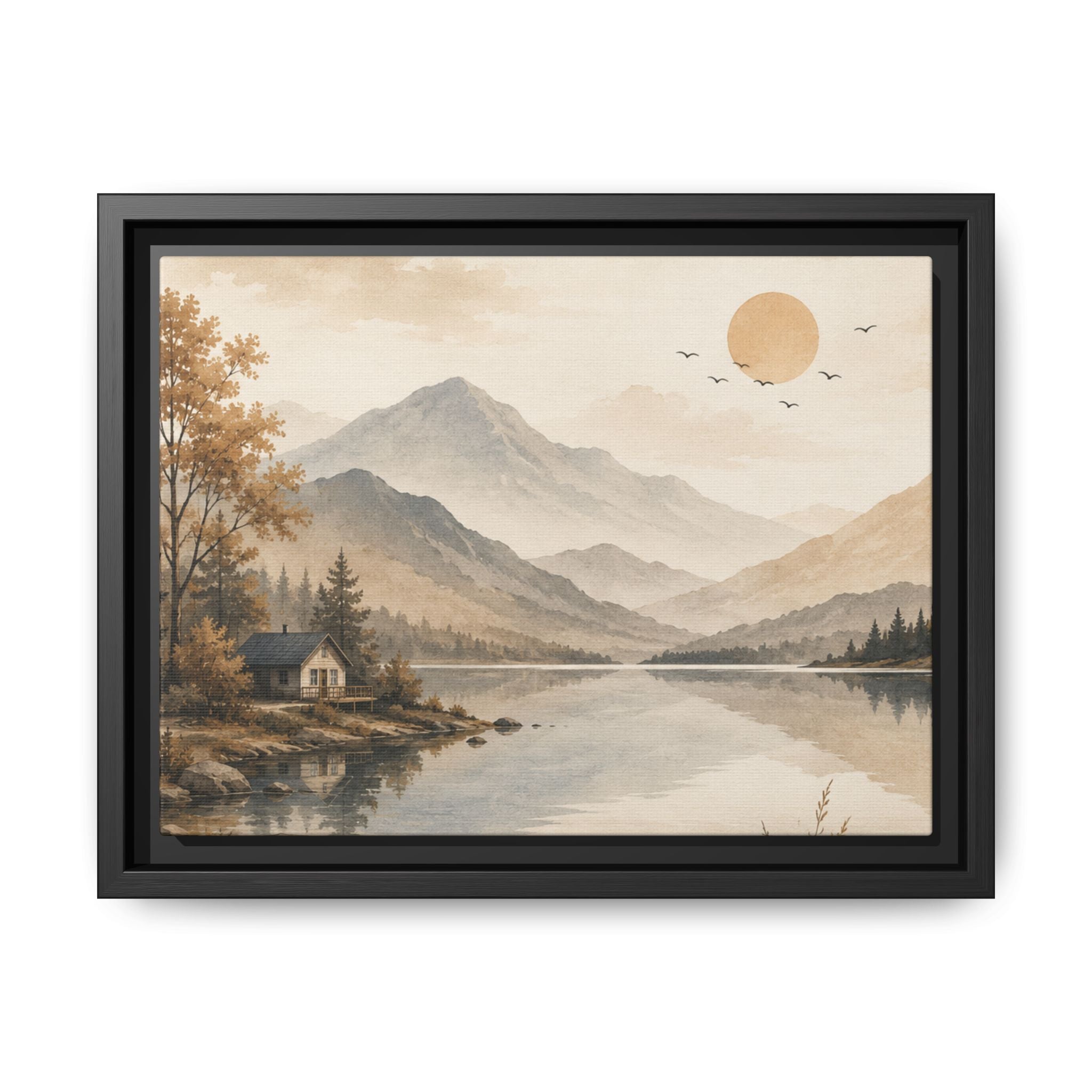 Serene Mountain Lake Cabin Landscape Matte Canvas, Framed | Neutral Wall Art | Rustic Nature Decor | Living Room Wall Decor | Office Artwork