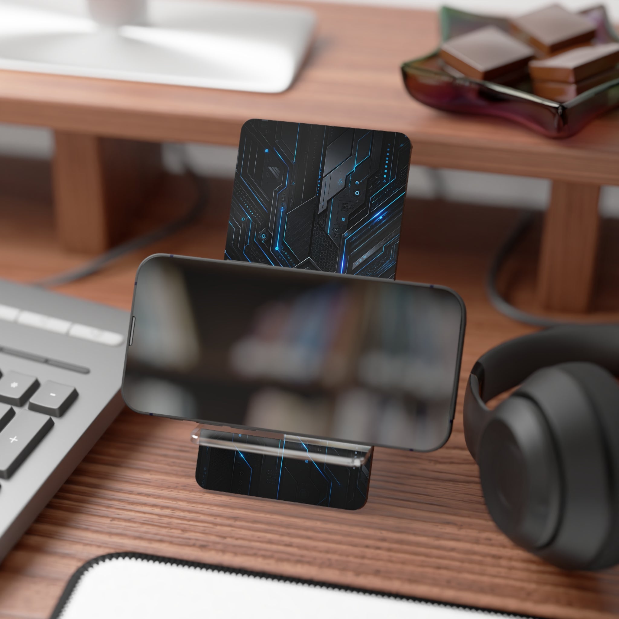 Tech Circuit Smartphone Stand — Foldable Mobile Display Dock with Futuristic Blue Cyber Design