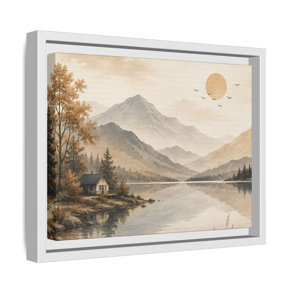 Serene Mountain Lake Cabin Landscape Matte Canvas, Framed | Neutral Wall Art | Rustic Nature Decor | Living Room Wall Decor | Office Artwork
