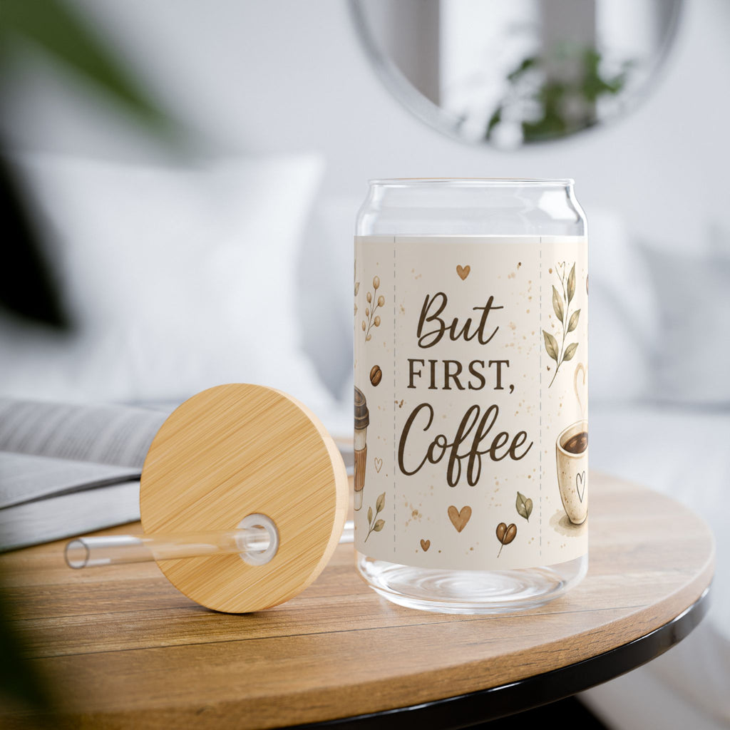 But First, Coffee Glass Cup with Bamboo Lid & Straw | 16oz Iced Coffee Cup | Cute Coffee Lover Gift | Aesthetic Coffee Tumbler