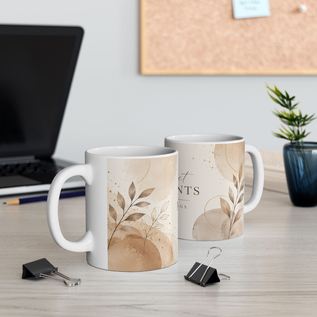 Collect Moments Not Things mug | Ceramic Coffee Cup, Neutral Boho Leaves