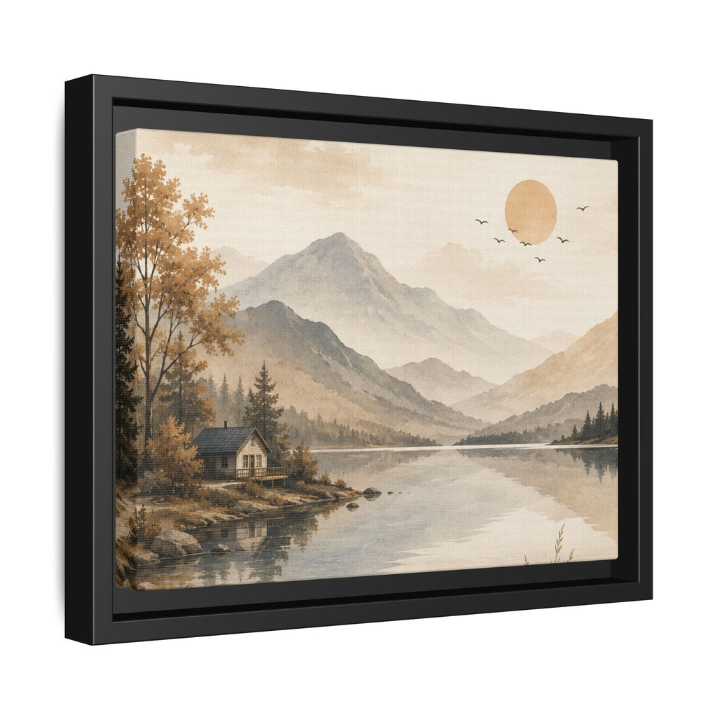 Serene Mountain Lake Cabin Landscape Matte Canvas, Framed | Neutral Wall Art | Rustic Nature Decor | Living Room Wall Decor | Office Artwork