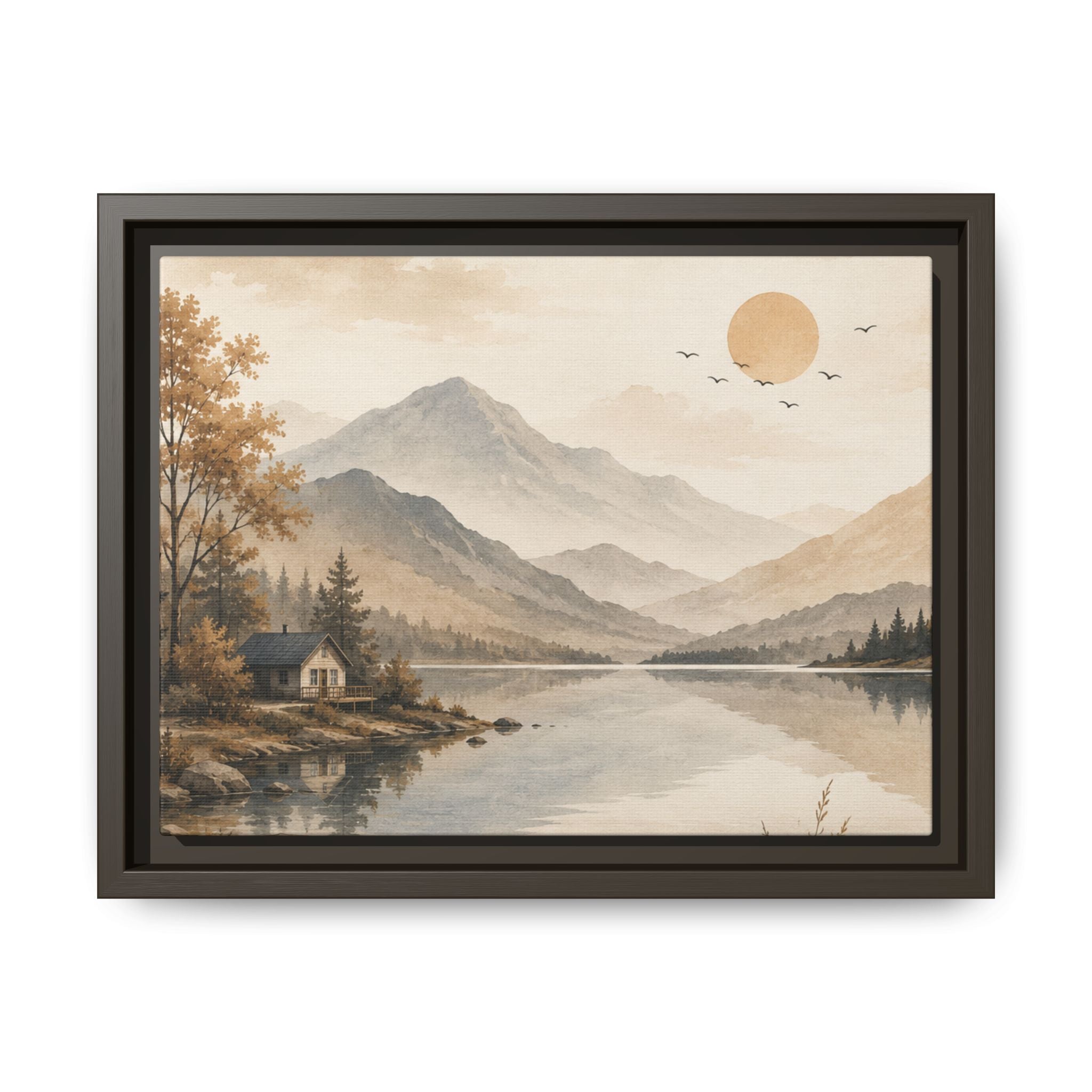 Serene Mountain Lake Cabin Landscape Matte Canvas, Framed | Neutral Wall Art | Rustic Nature Decor | Living Room Wall Decor | Office Artwork