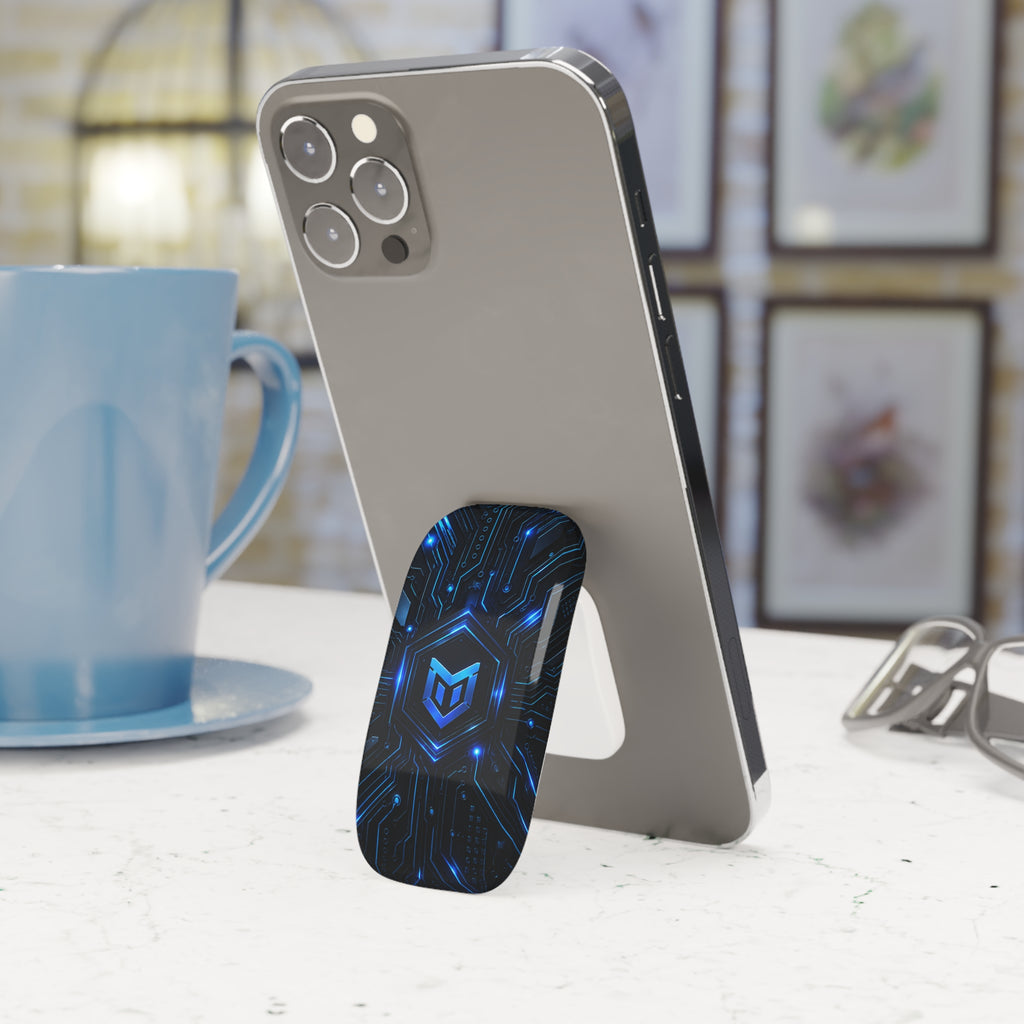 Tech Circuit Phone Grip — Blue Cyber Shield Click-On Stand