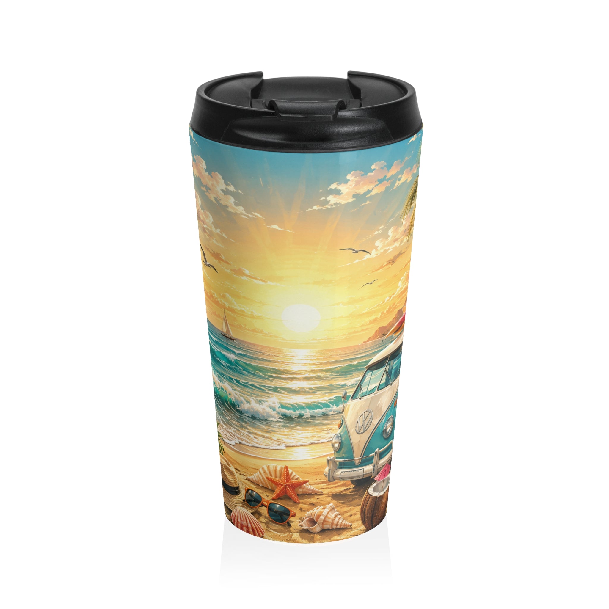 Sunset Beach Camper Travel Mug — Tropical Surf & Hibiscus Stainless Steel Tumbler