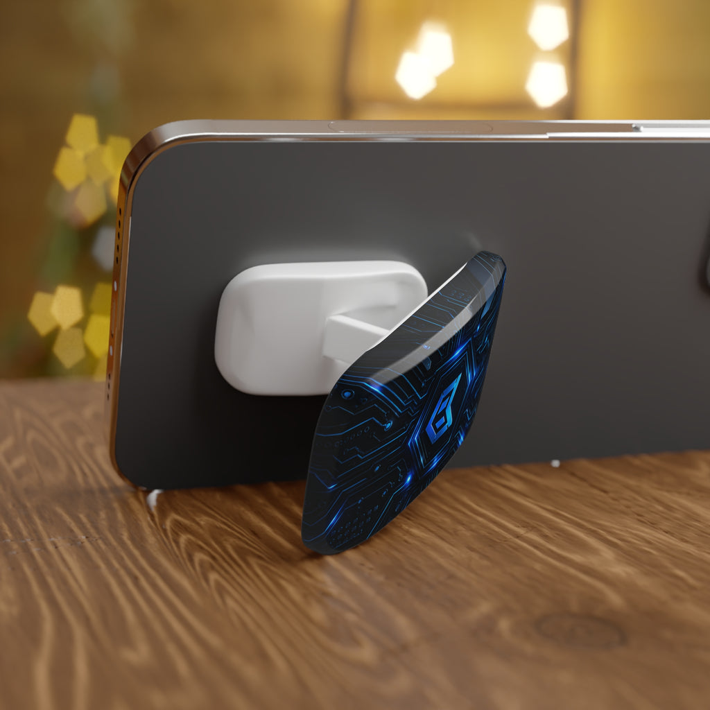 Tech Circuit Phone Grip — Blue Cyber Shield Click-On Stand