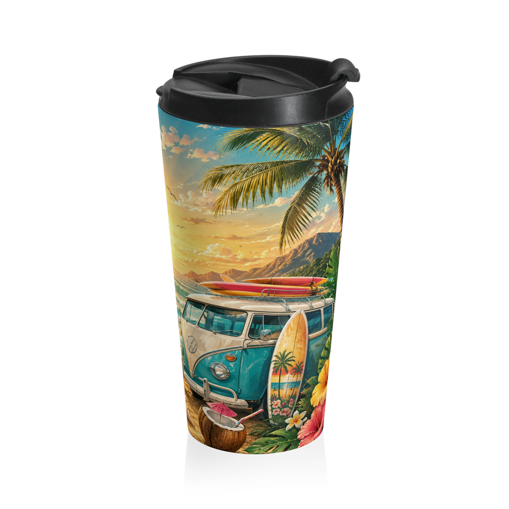 Sunset Beach Camper Travel Mug — Tropical Surf & Hibiscus Stainless Steel Tumbler