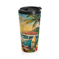 Sunset Beach Camper Travel Mug — Tropical Surf & Hibiscus Stainless Steel Tumbler