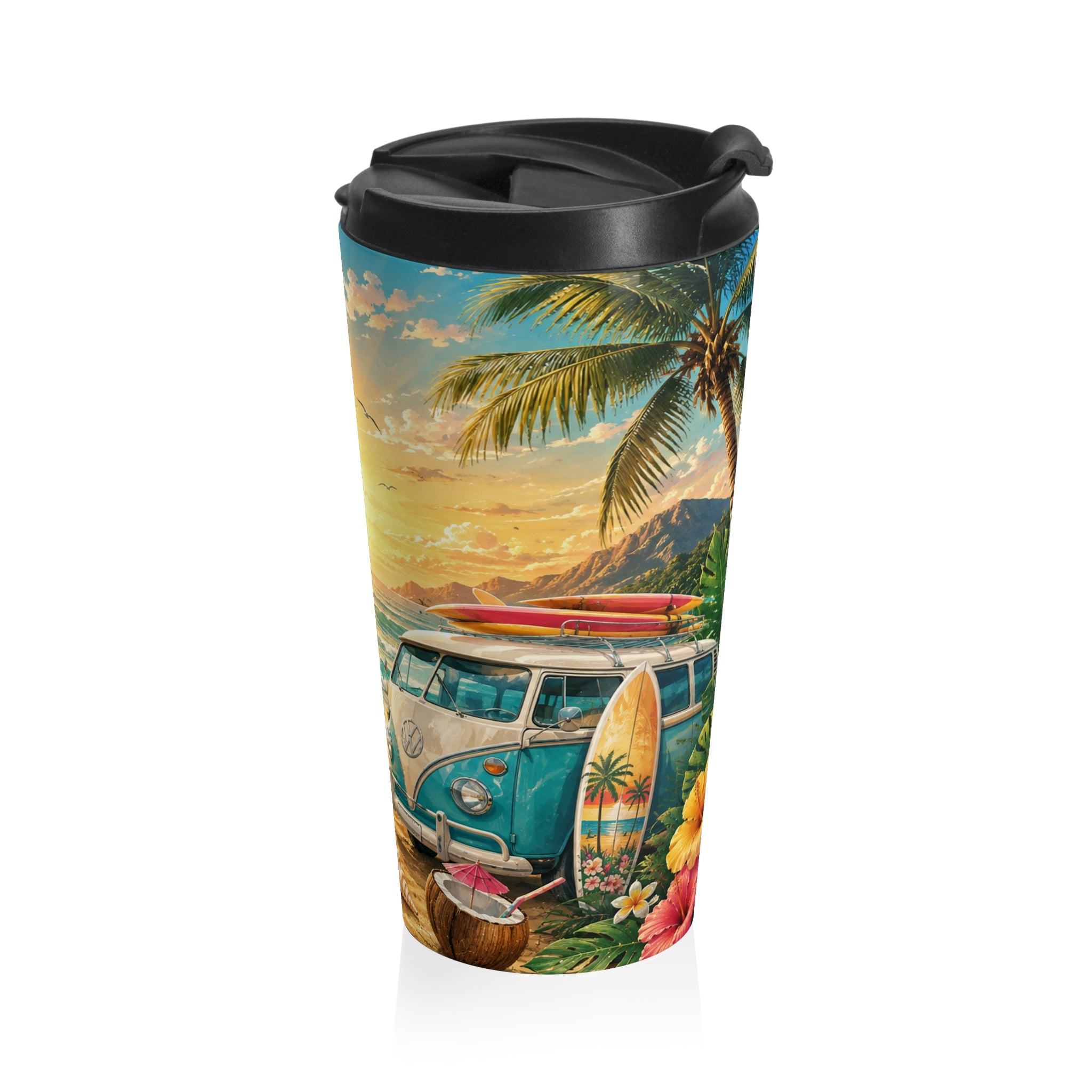 Sunset Beach Camper Travel Mug — Tropical Surf & Hibiscus Stainless Steel Tumbler
