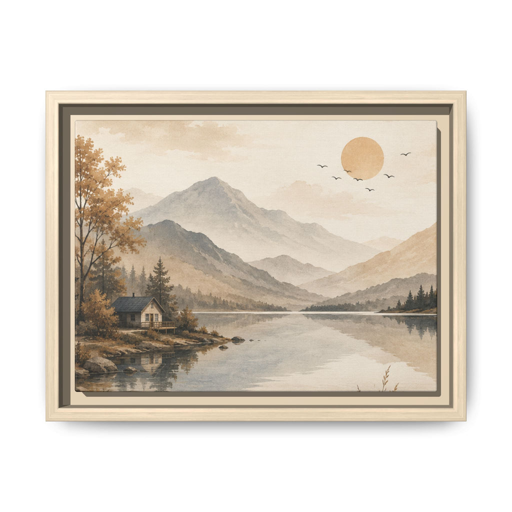 Serene Mountain Lake Cabin Landscape Matte Canvas, Framed | Neutral Wall Art | Rustic Nature Decor | Living Room Wall Decor | Office Artwork