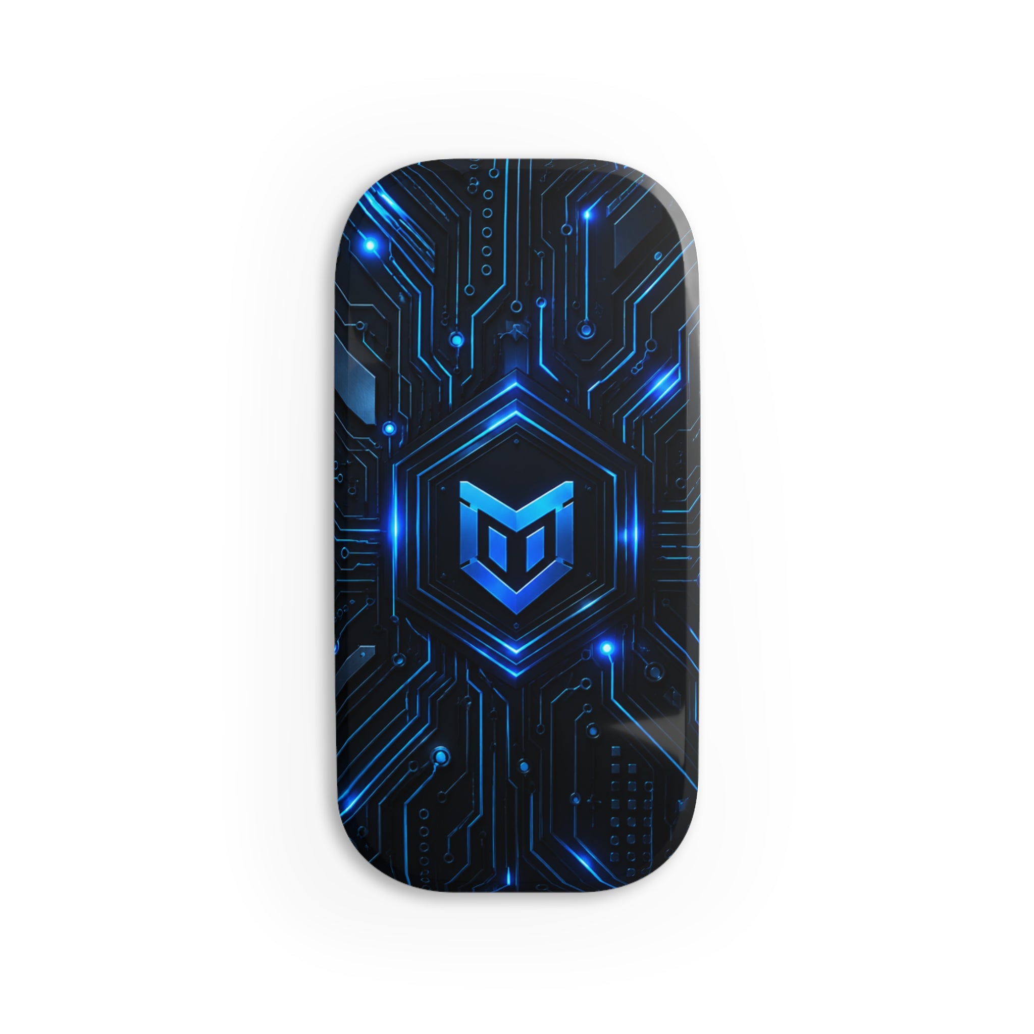 Tech Circuit Phone Grip — Blue Cyber Shield Click-On Stand