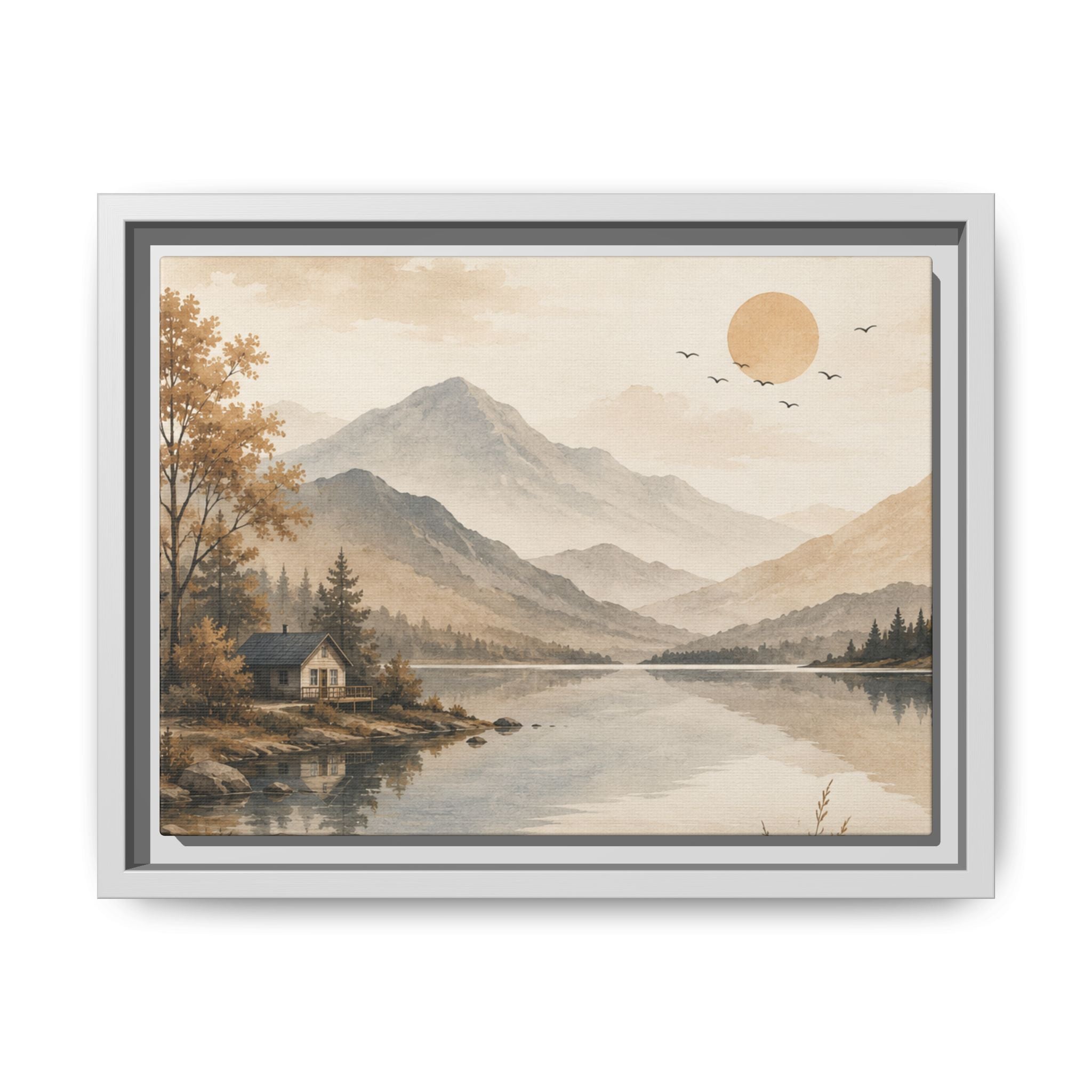 Serene Mountain Lake Cabin Landscape Matte Canvas, Framed | Neutral Wall Art | Rustic Nature Decor | Living Room Wall Decor | Office Artwork