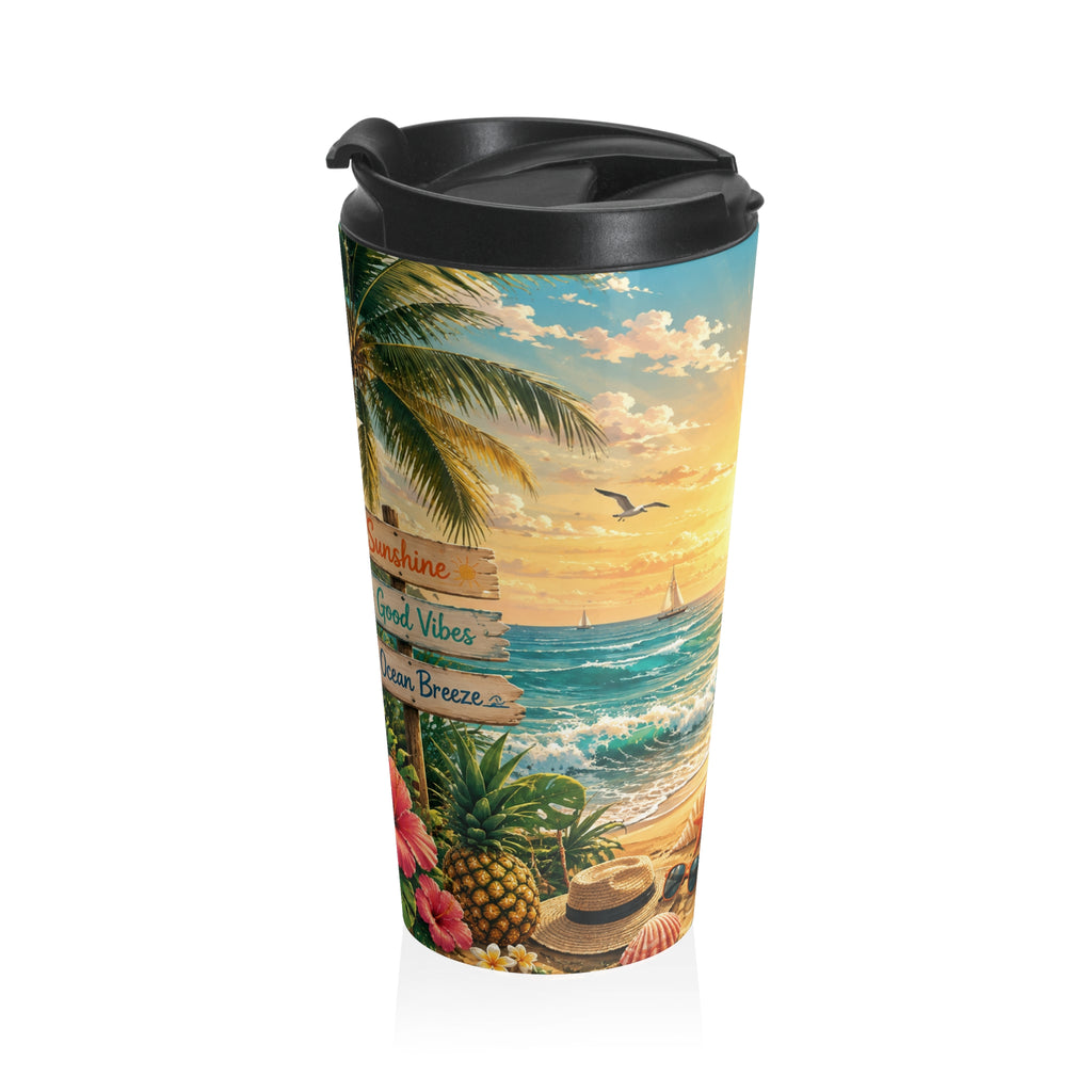 Sunset Beach Camper Travel Mug — Tropical Surf & Hibiscus Stainless Steel Tumbler